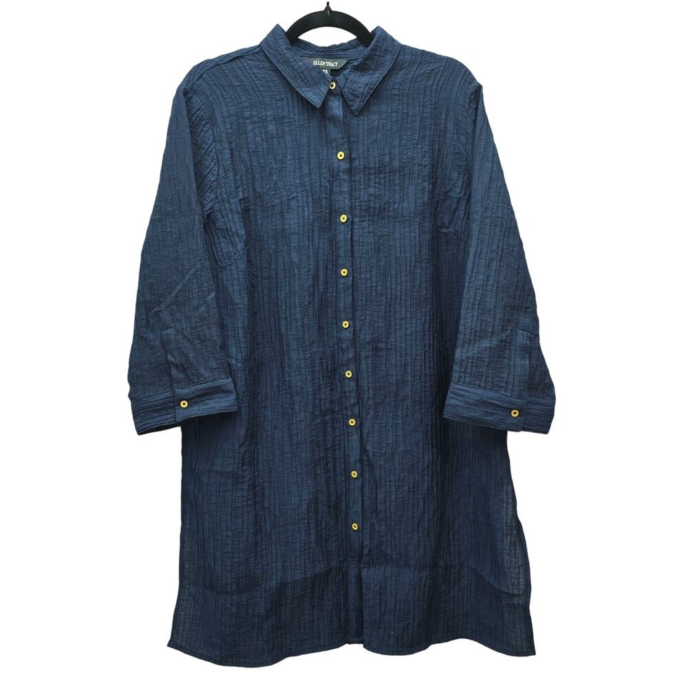 Ellen Tracy Long Top Womens XL Navy Textured Split Back Long Sleeve Button Up